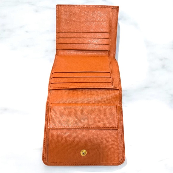 PRADA Saffiano Leather Bifold Wallet Orange Gold Logo Designer Authentic Compact - Picture 7 of 10